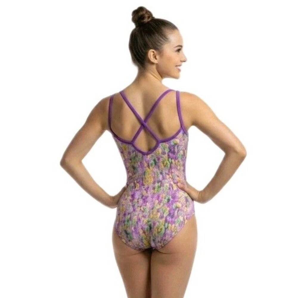 Satara VTG Pink Foiled Paint Splotch Crossback Strappy Leotard Purple Size AL